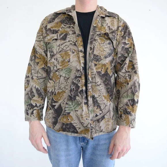 Vintage Master Sportsman Tan Brown & Camo Hunting Print 100%  Thick Cotton Shirt - Picture 2 of 12